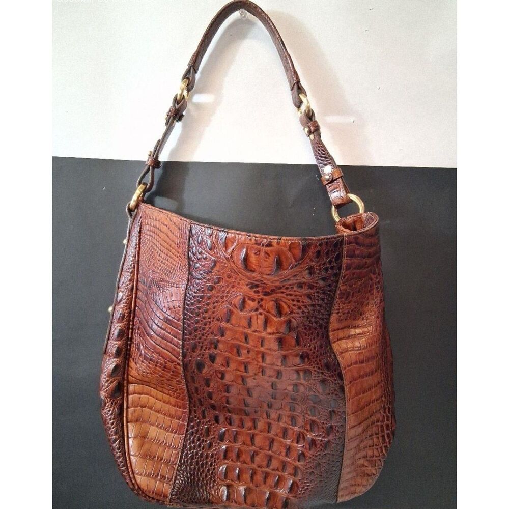 Brahmin Brown MELBOURNE Pecan Crocodile Embossed Shoulder Bag W/ Zip Top Closure
